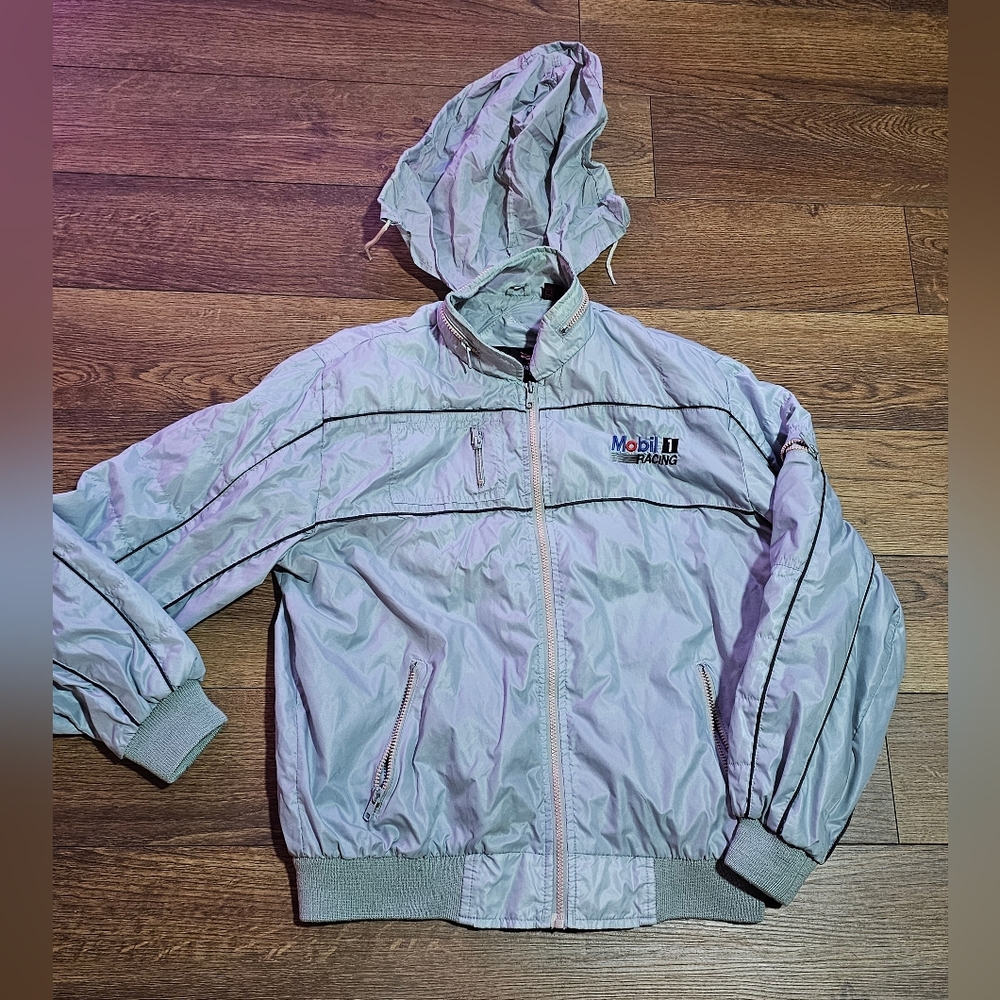 80s Mobil 1 Racing Bomber Windbreaker‎ Hooded Jacket Stange Sz L Gray Korea Vtg